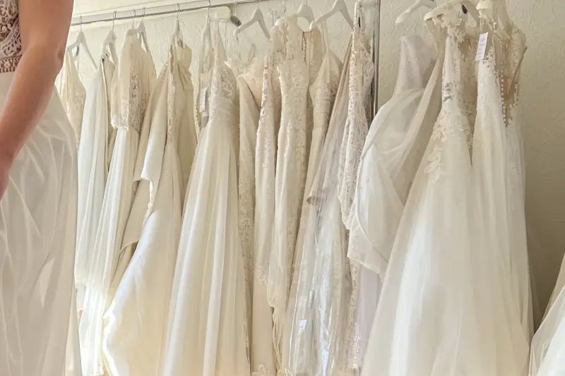 Helle Brautkleider an der Kleiderstange im Studio
